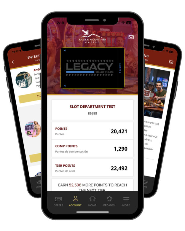 Eagle Mountain Casino Loyalty app mockup with three overlapping phones
